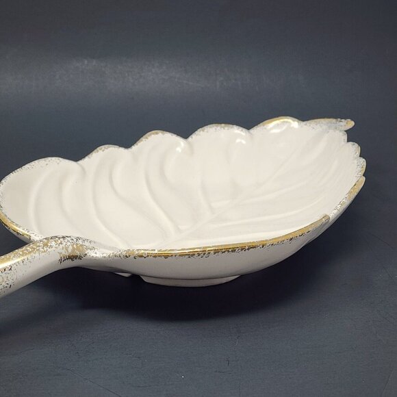 California Pottery Ceramic White Leaf Dish Bowl With Gold Trim Vintage 15" MCM - Picture 7 of 10